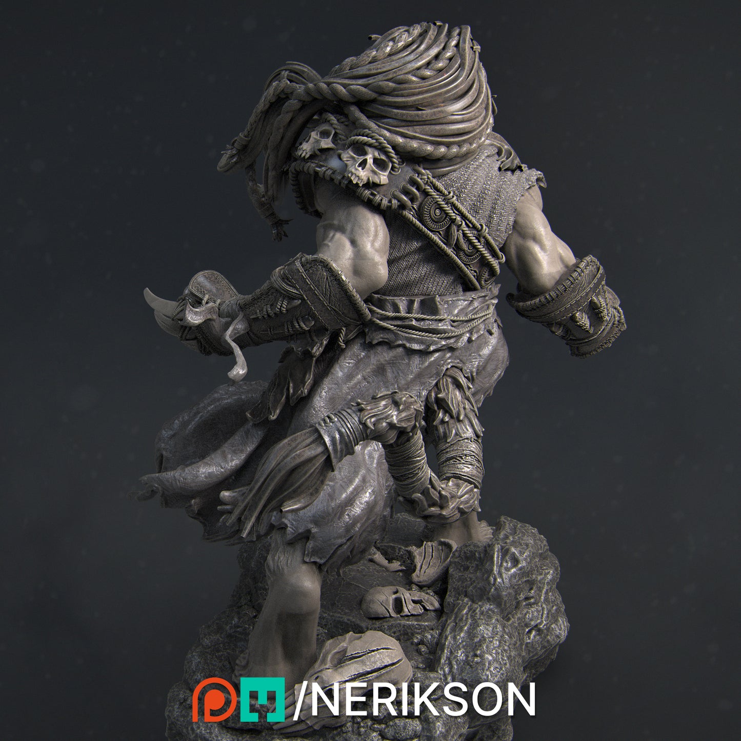 Statue of a warrior with armor and a helmet on a dark background.