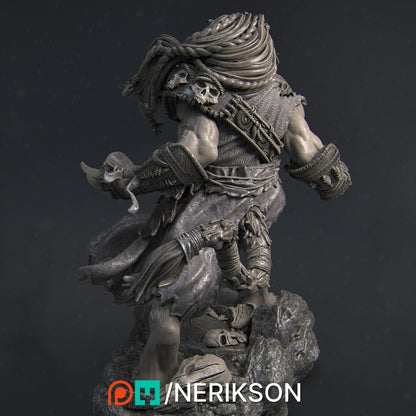 Statue of a warrior with armor and a helmet on a dark background.