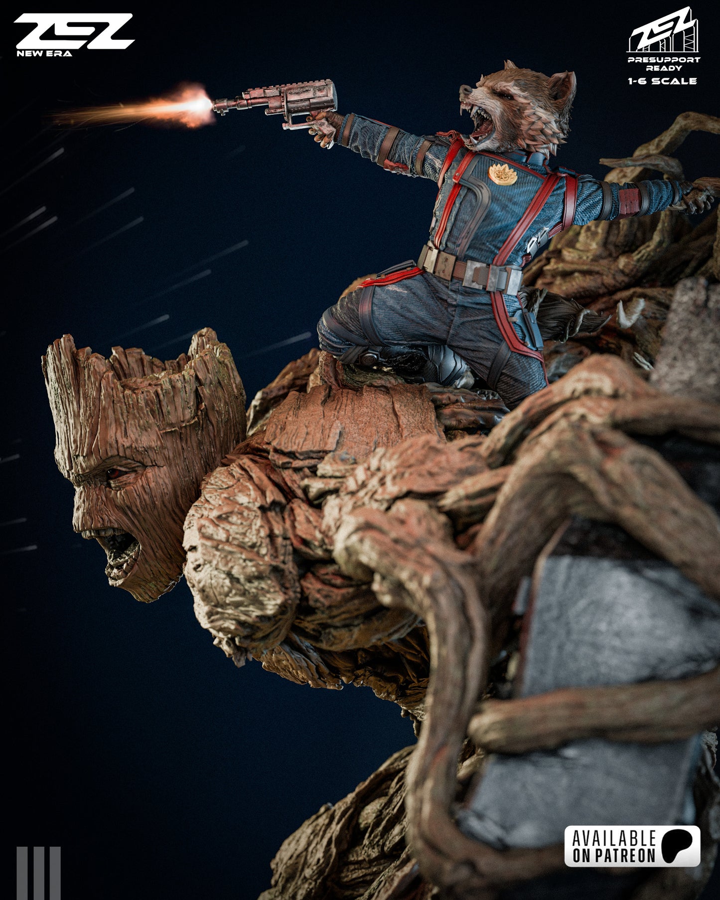 Groot and Rocket 3D printed resin statue action pose