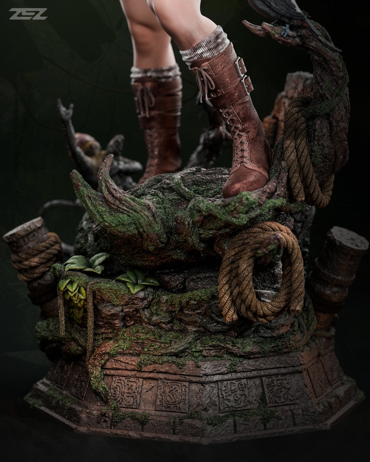 Statue of a person wearing boots on a detailed base with ropes and foliage, featuring the brand 'ZEL'.