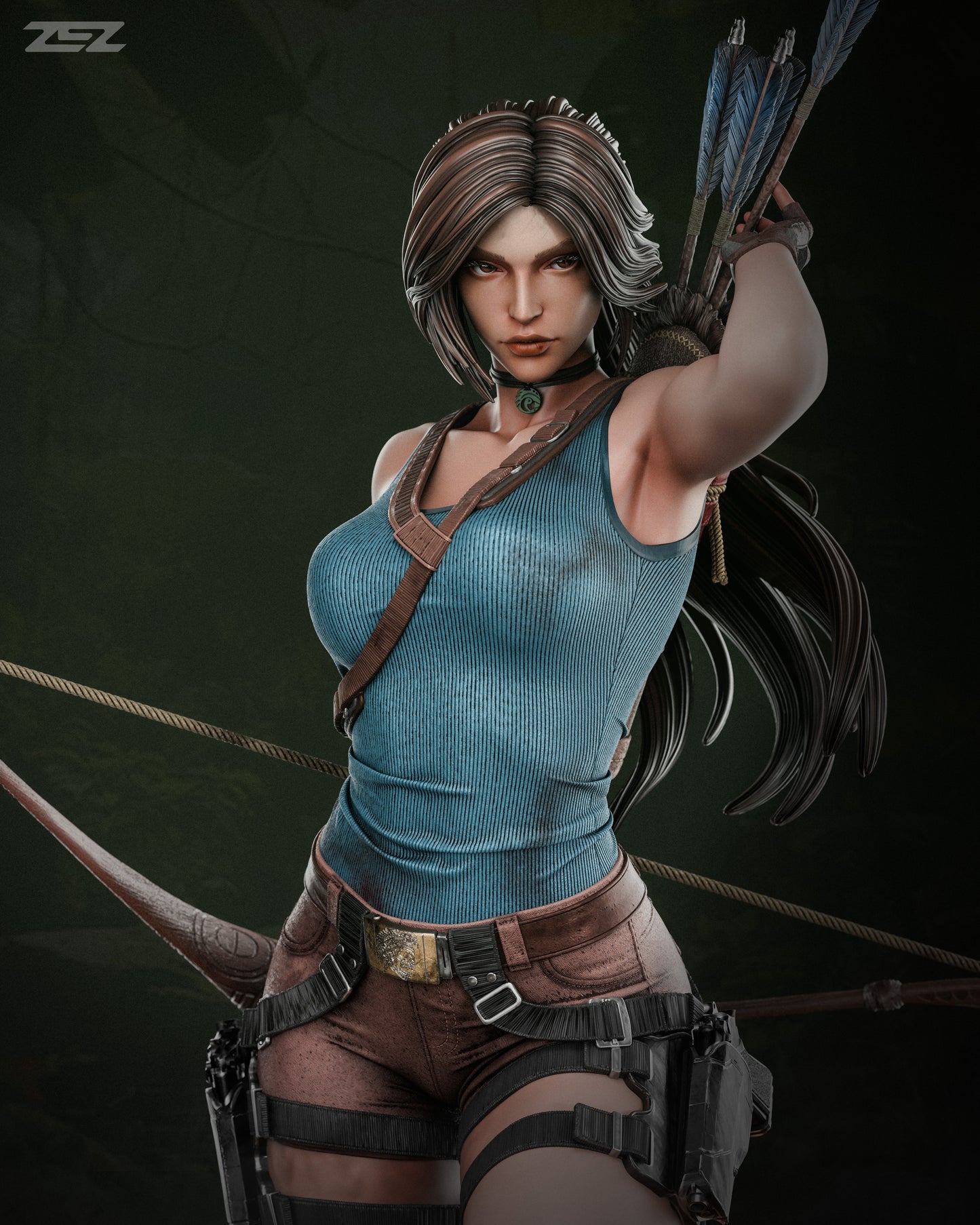 Statue of a character in a blue tank top and brown pants with archery equipment on a dark background.