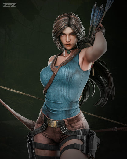 Statue of a character in a blue tank top and brown pants with archery equipment on a dark background.