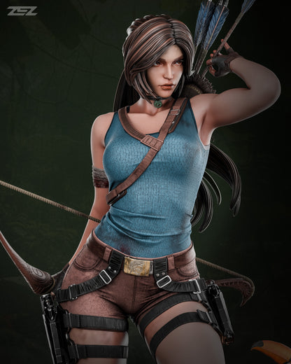 Character in a blue tank top and brown pants with archery equipment on a dark background