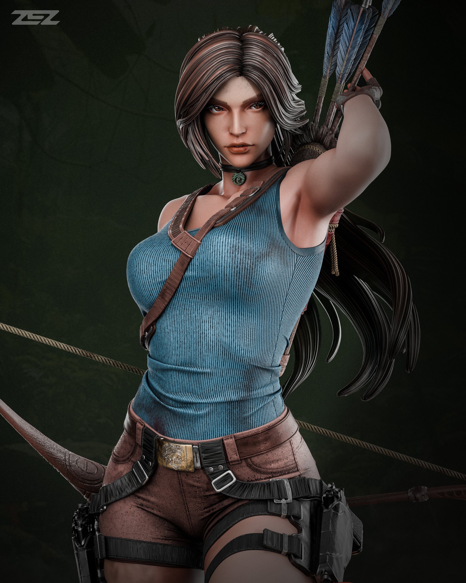 Character in a blue top and brown shorts holding a bow against a dark background
