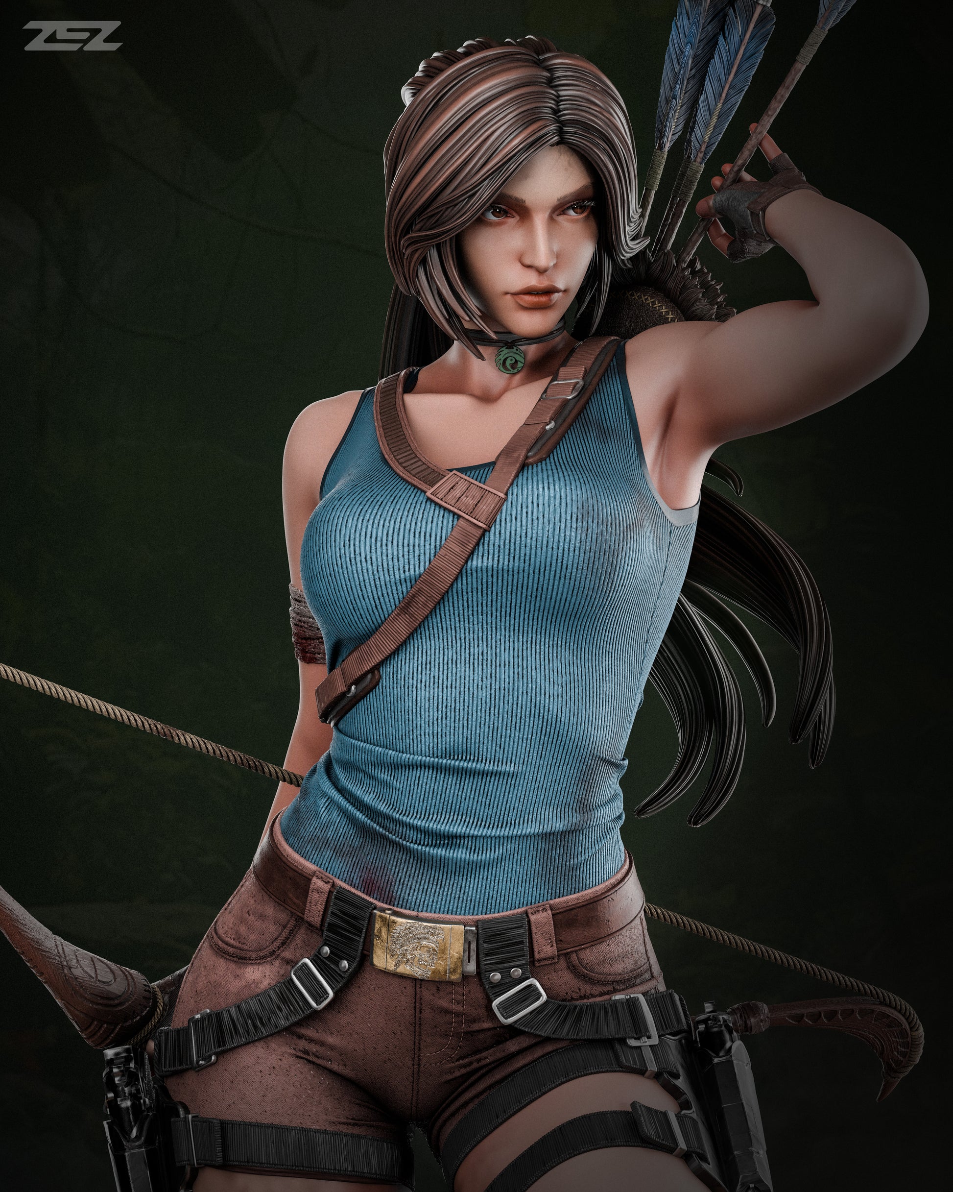 Statue of a character in a blue tank top and brown pants with archery equipment on a dark background.