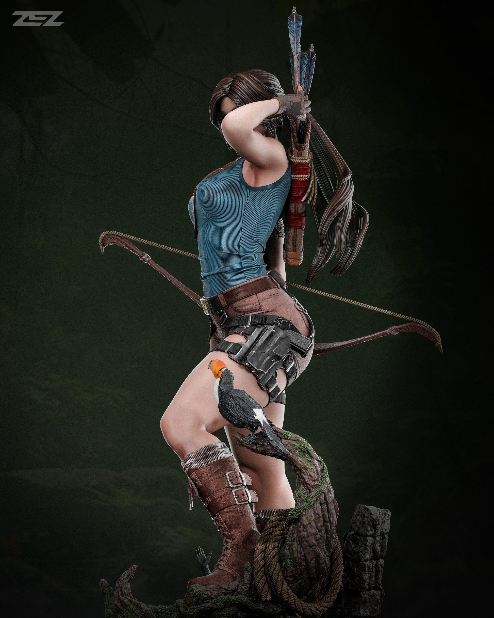 Statue of a character with archery equipment on a dark background