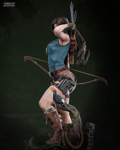 Statue of a character with archery equipment on a dark background