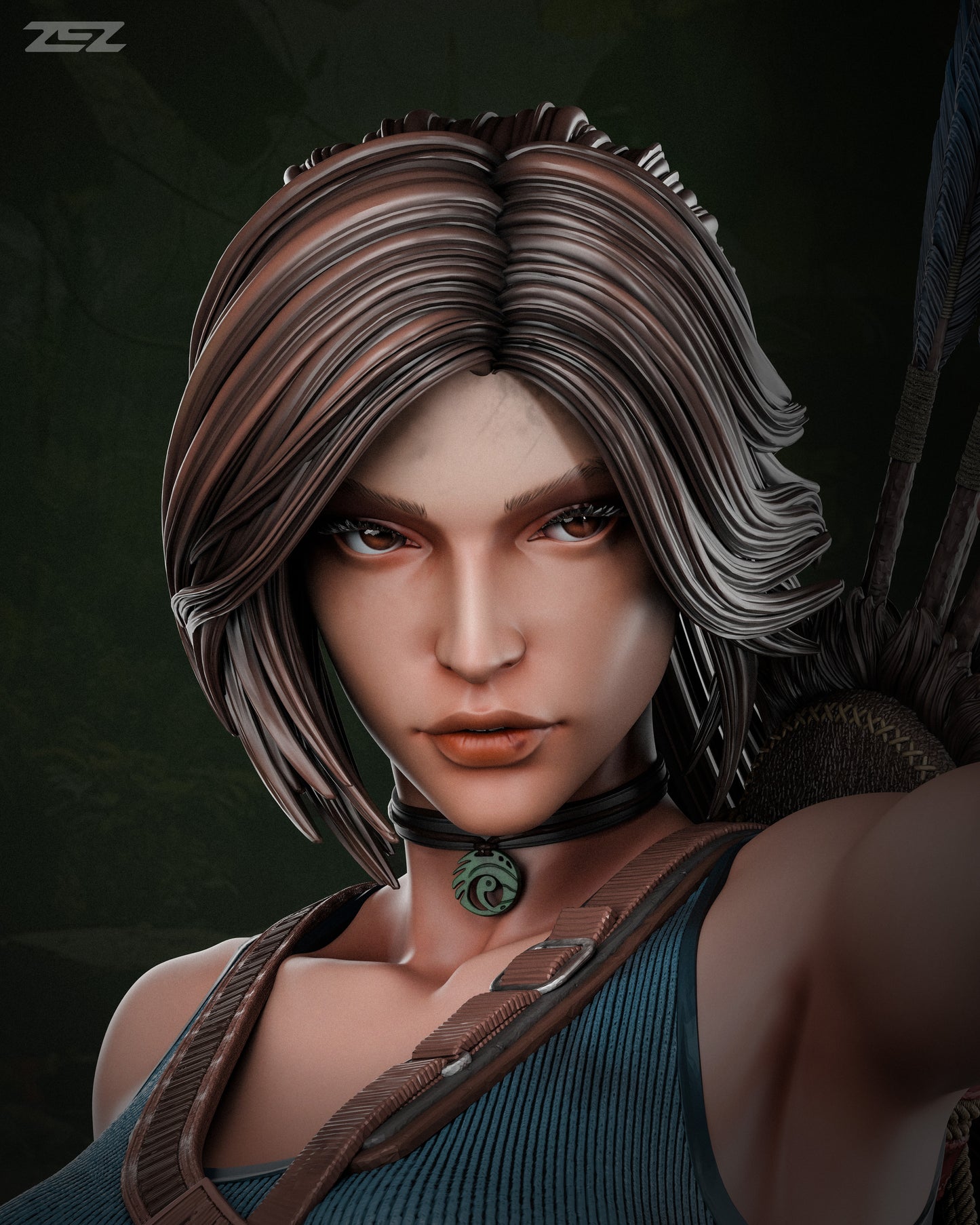 Close-up of a character with detailed hair and costume on a dark background