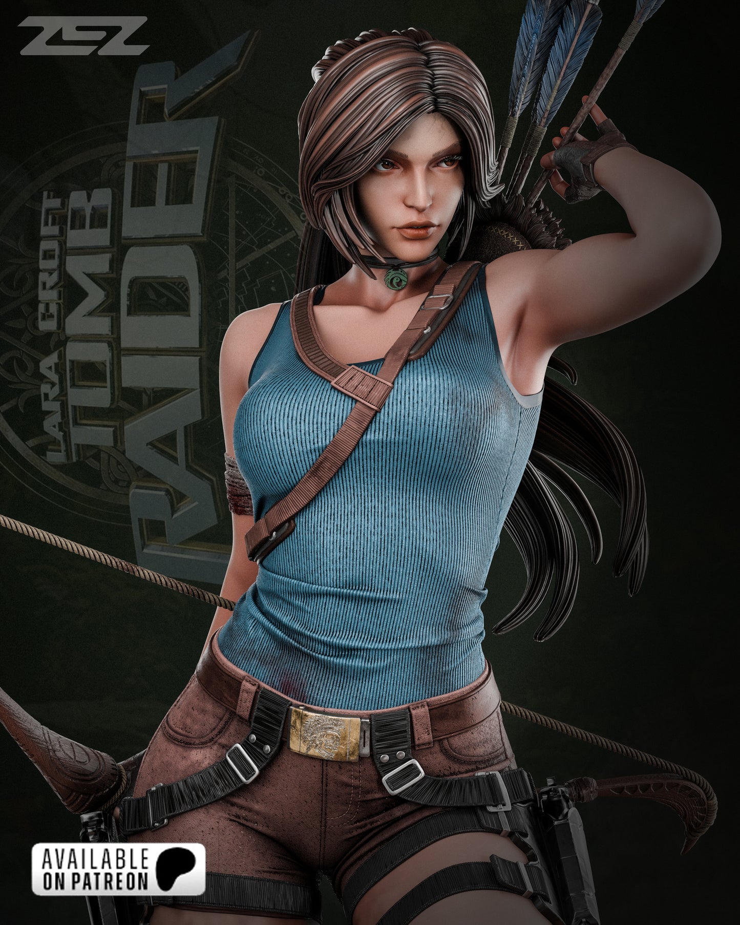 Character in a blue tank top and brown pants with archery equipment, standing against a dark background with 'ZEZ' branding.