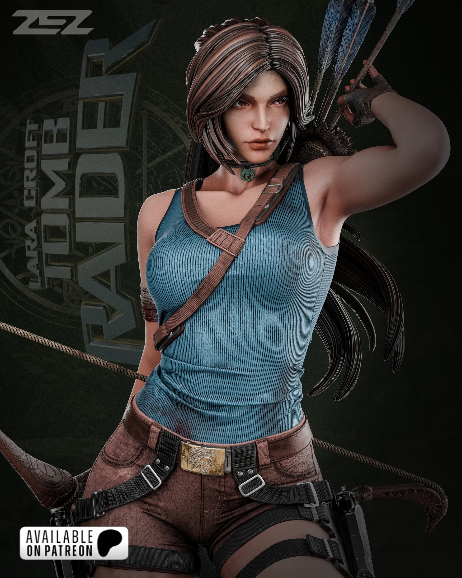 Character in a blue tank top and brown pants with archery equipment, standing against a dark background with 'ZEZ' branding.