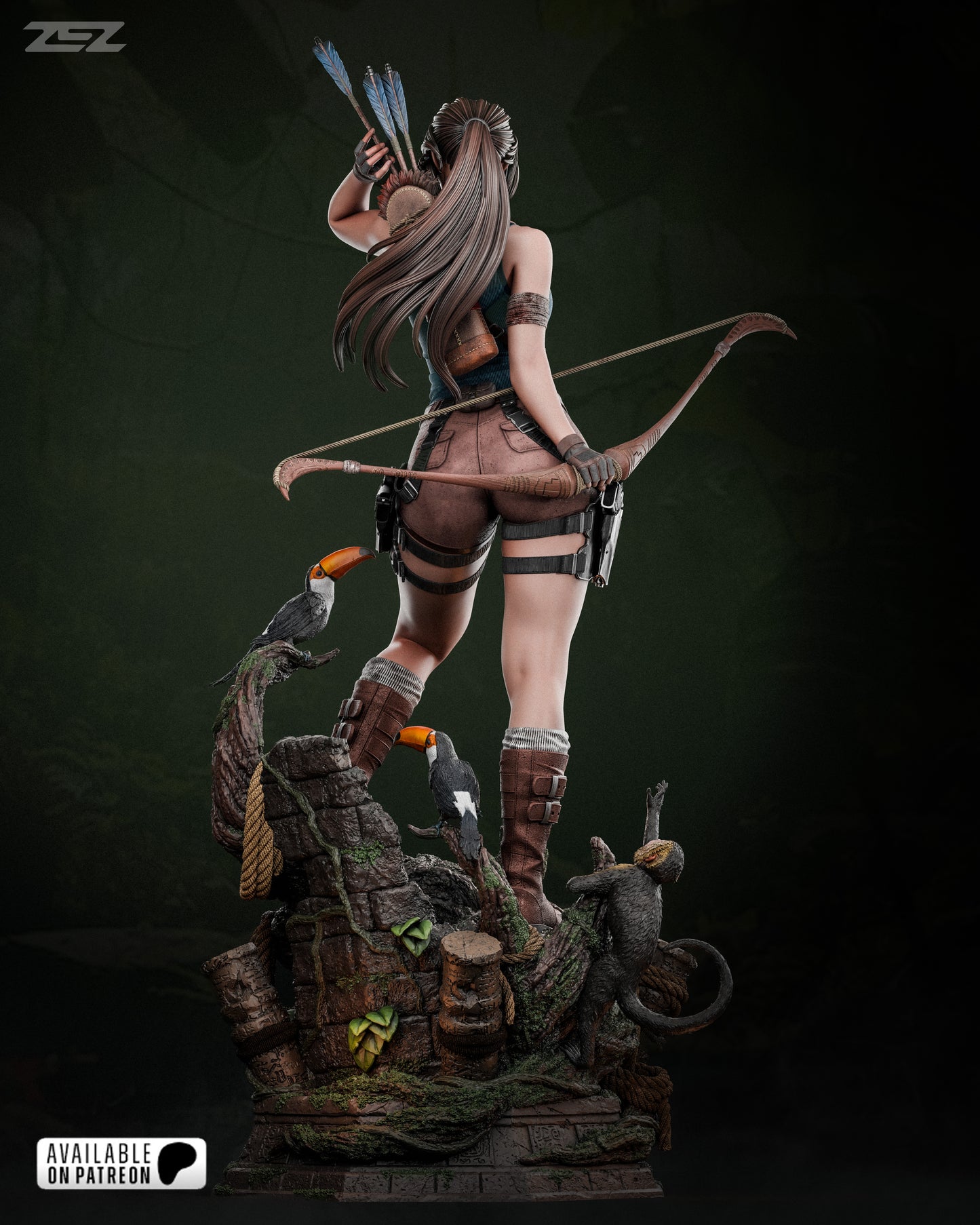 Statue of a warrior with bow and arrows on a dark background