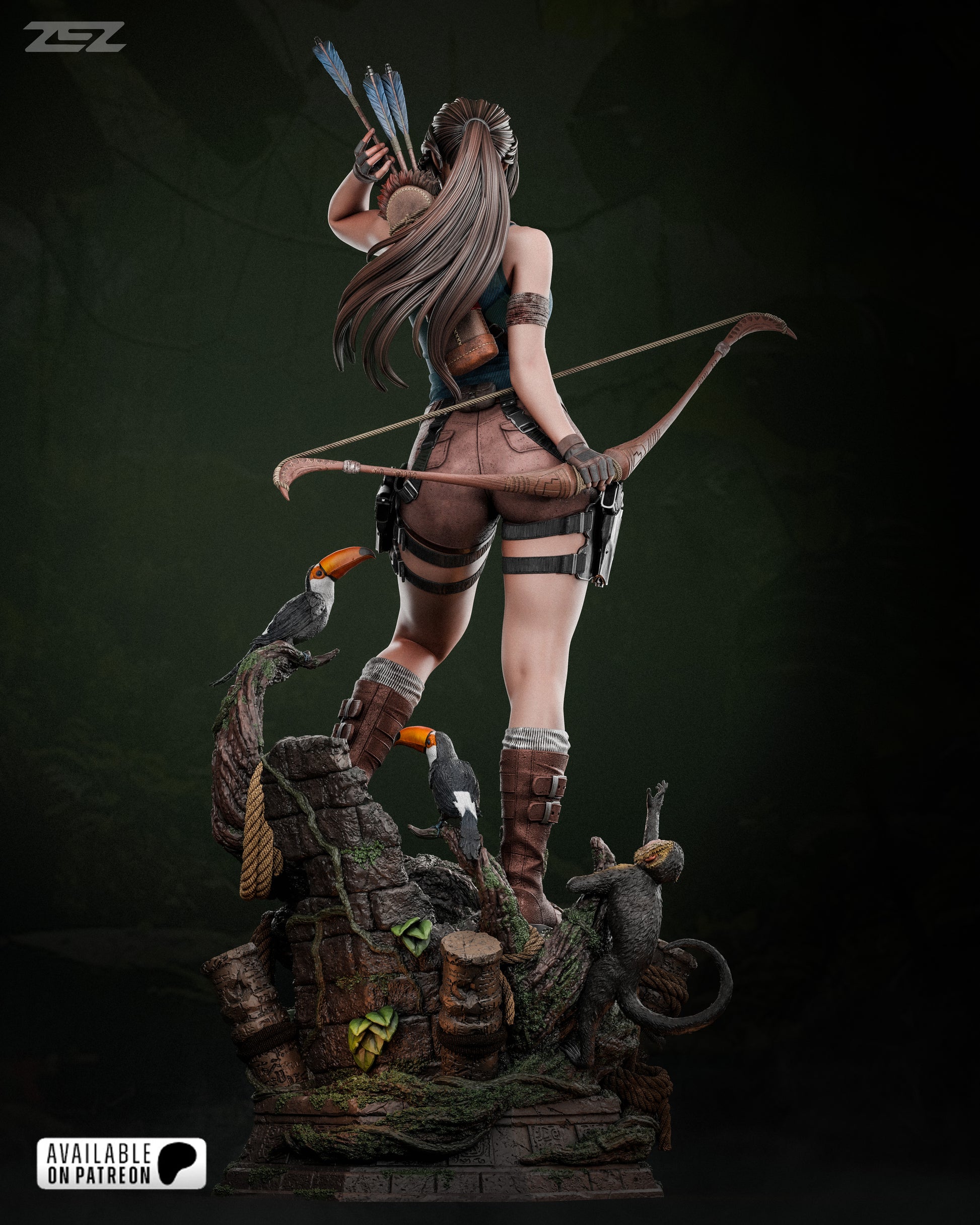 Statue of a warrior with bow and arrows on a dark background