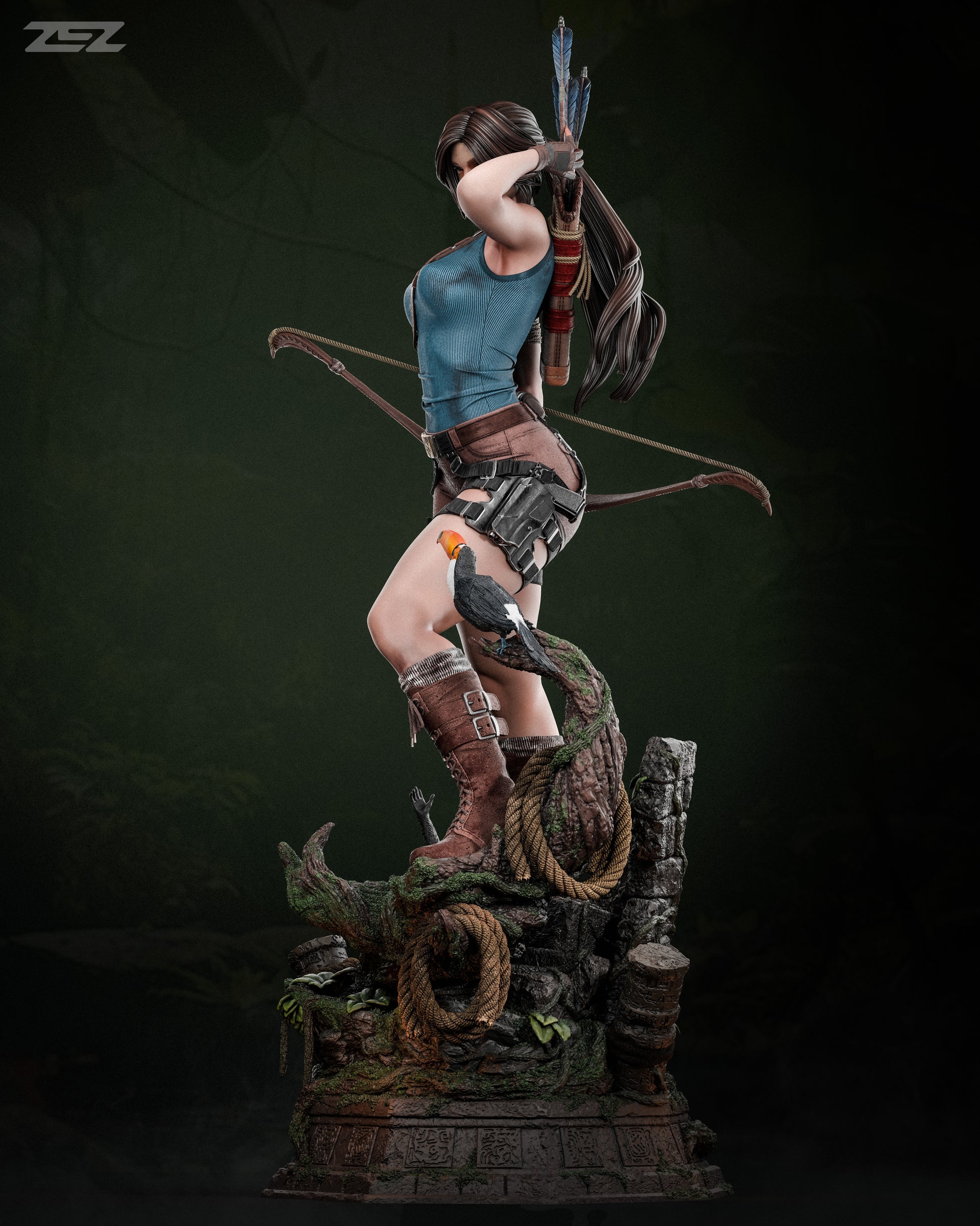 Statue of a character with archery equipment on a dark background