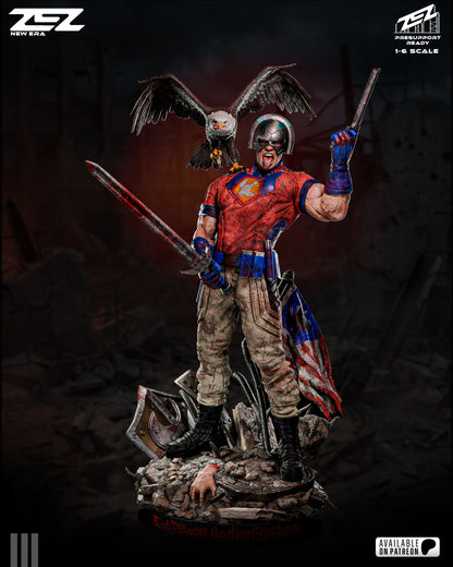 Statue of a warrior with an eagle on a dark background.
