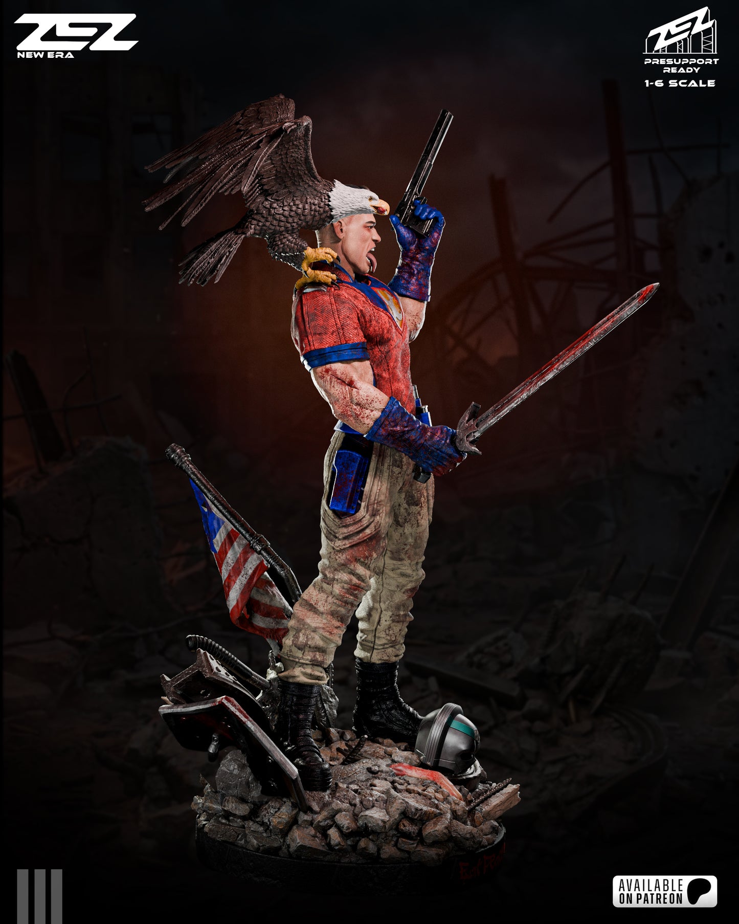 Statue of a warrior with an eagle on a dark background.