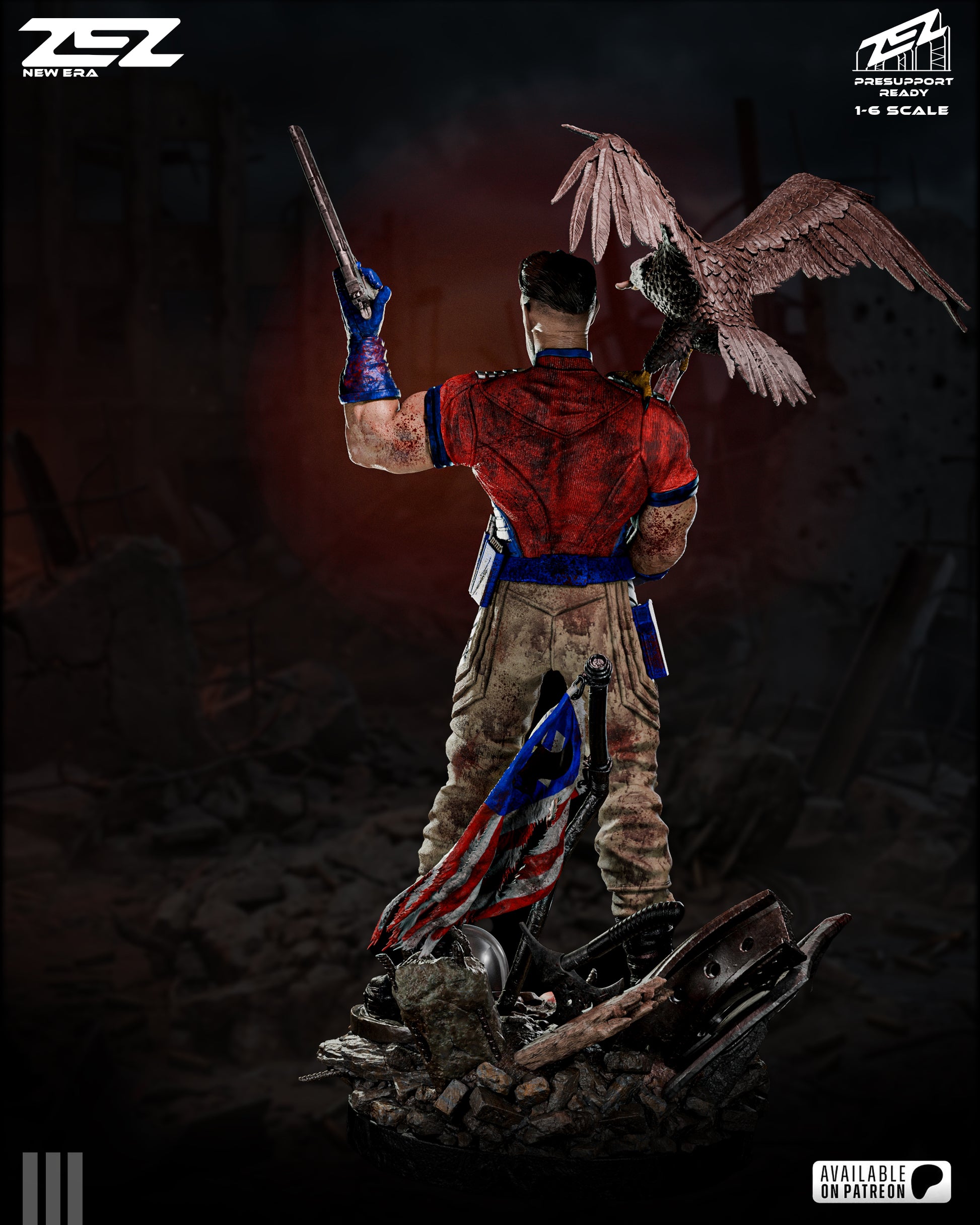 Figure with a bird on the shoulder, holding a weapon, against a dark background.