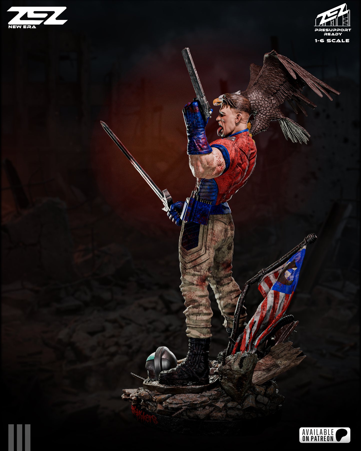 Statue of a warrior with a sword and flag on a dark background.
