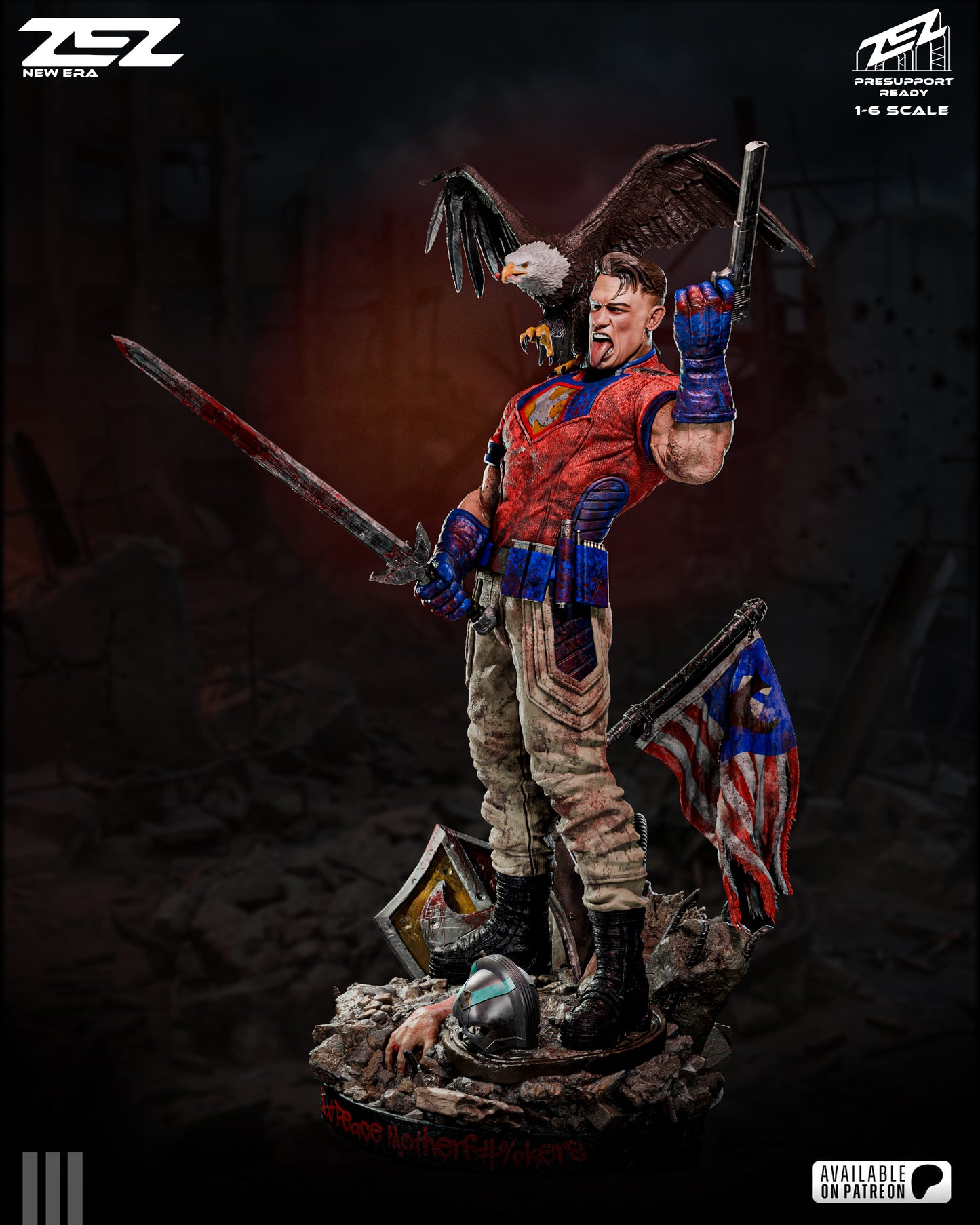 Statue of a warrior with a sword and American flag on a dark background.