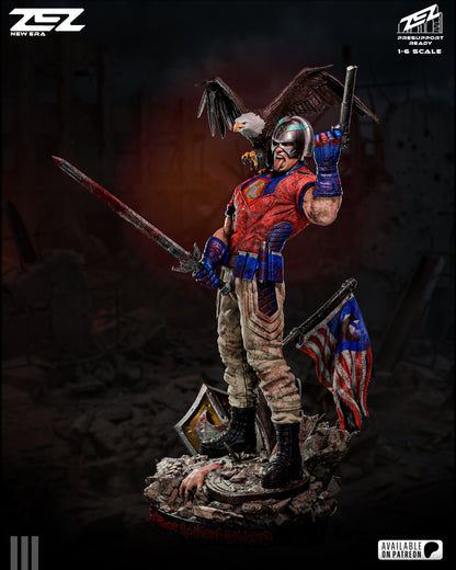 Statue of a warrior figure with a sword and shield on a dark background.