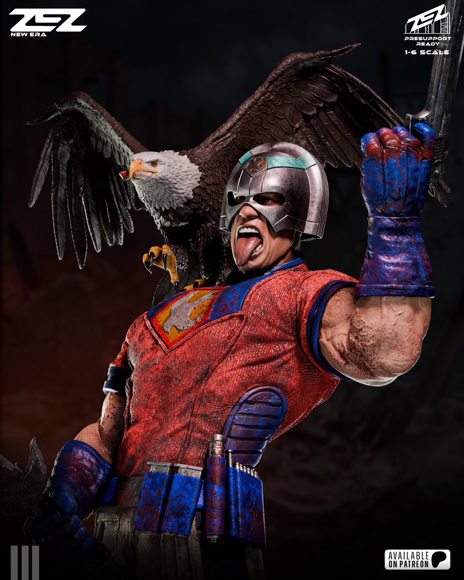 Action figure with eagle on a dark background.