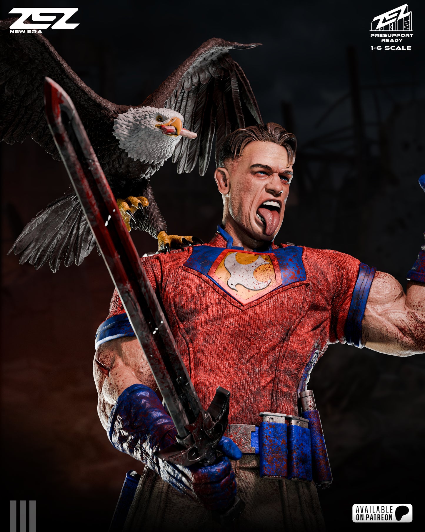 Statue of a muscular figure in red and blue armor with an eagle on a dark background.