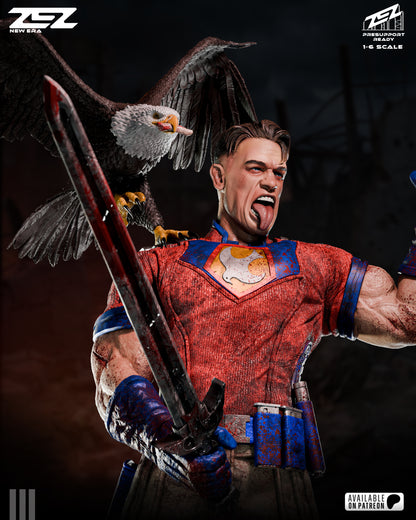 Statue of a muscular figure in red and blue armor with an eagle on a dark background.