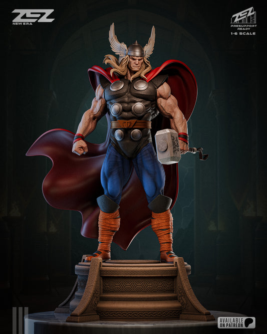 Thor statue with red cape and hammer on a dark background