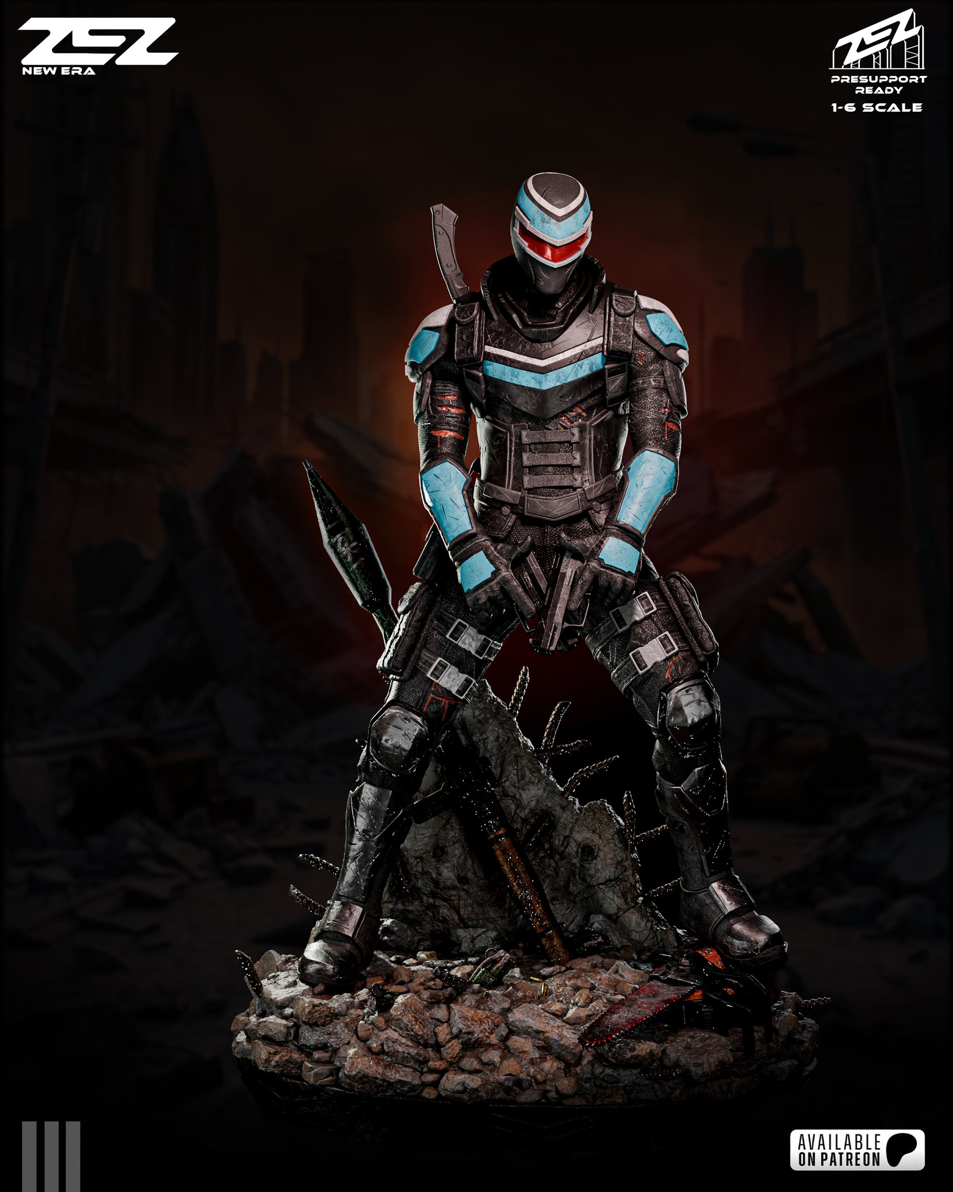 Statue of a warrior in futuristic armor on a dark background