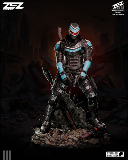 Statue of a warrior in futuristic armor on a dark background