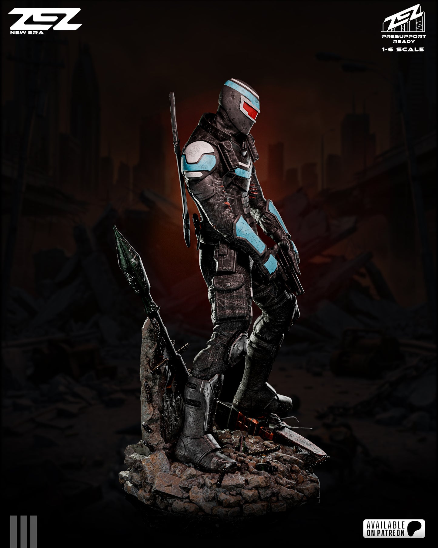 Statue of a character in futuristic armor with glowing elements on a dark background.