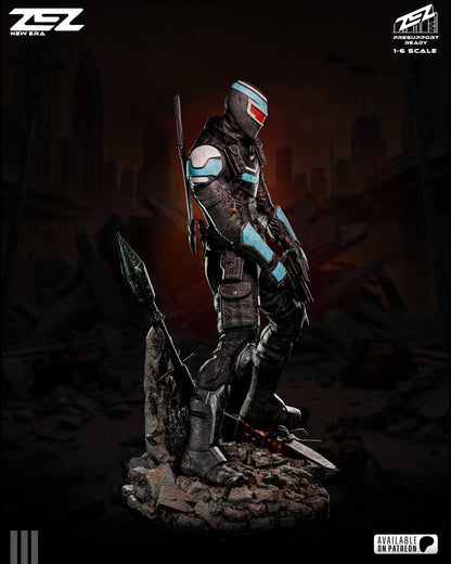 Statue of a character in futuristic armor with glowing elements on a dark background.