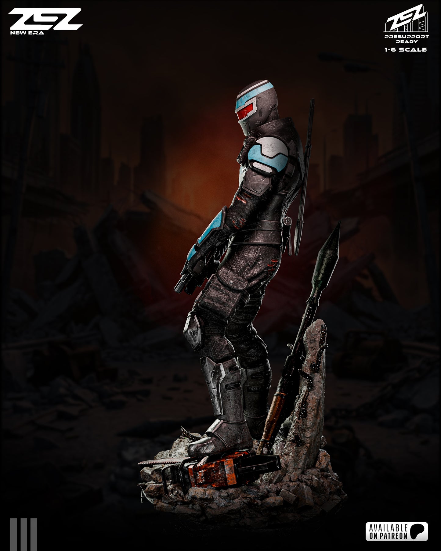 Statue of a character in a dark, post-apocalyptic setting.