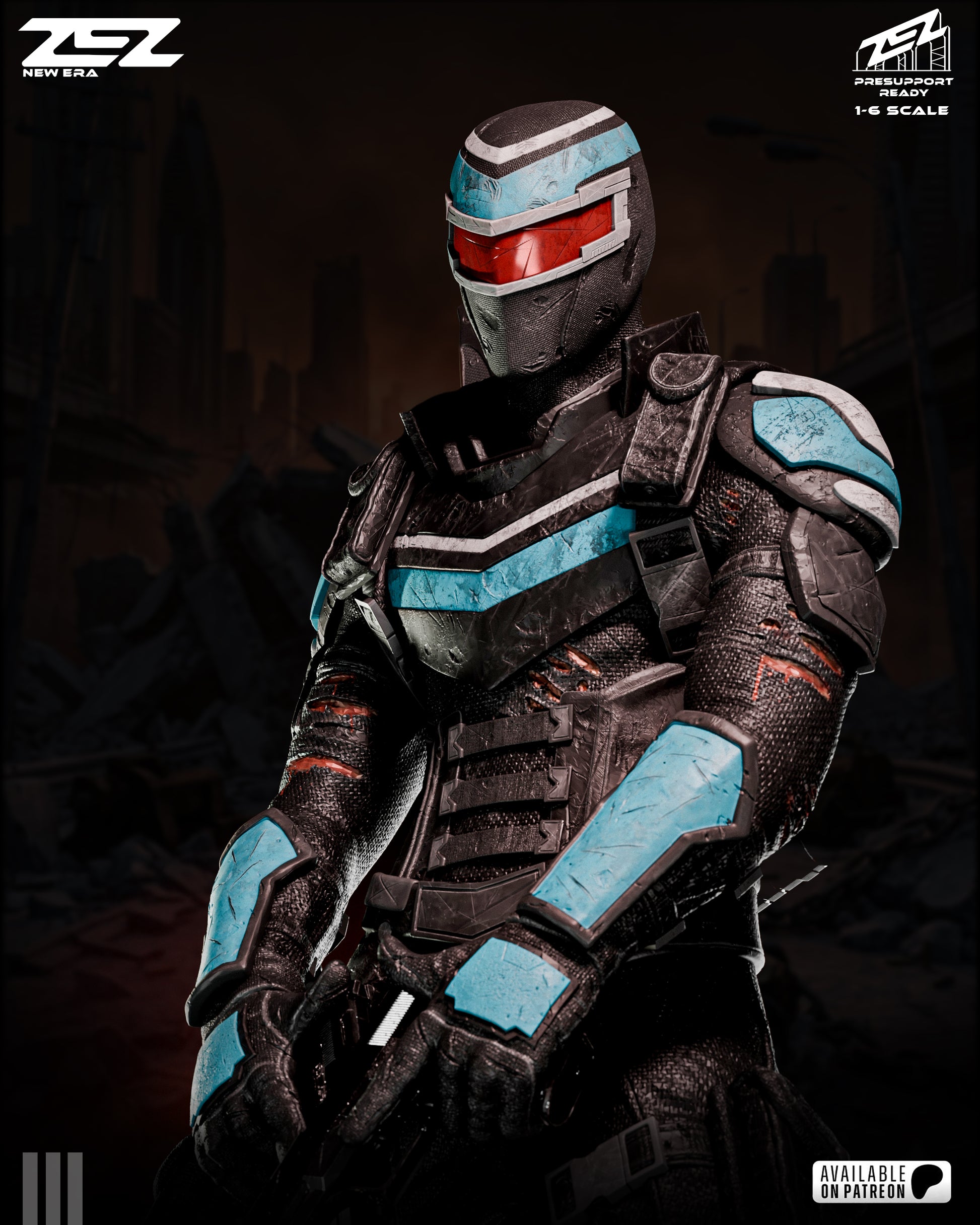 Detailed armor model with blue and black design on a dark background.