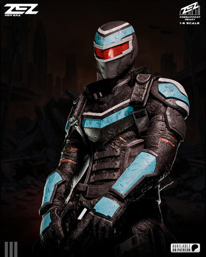 Detailed armor model with blue and black design on a dark background.