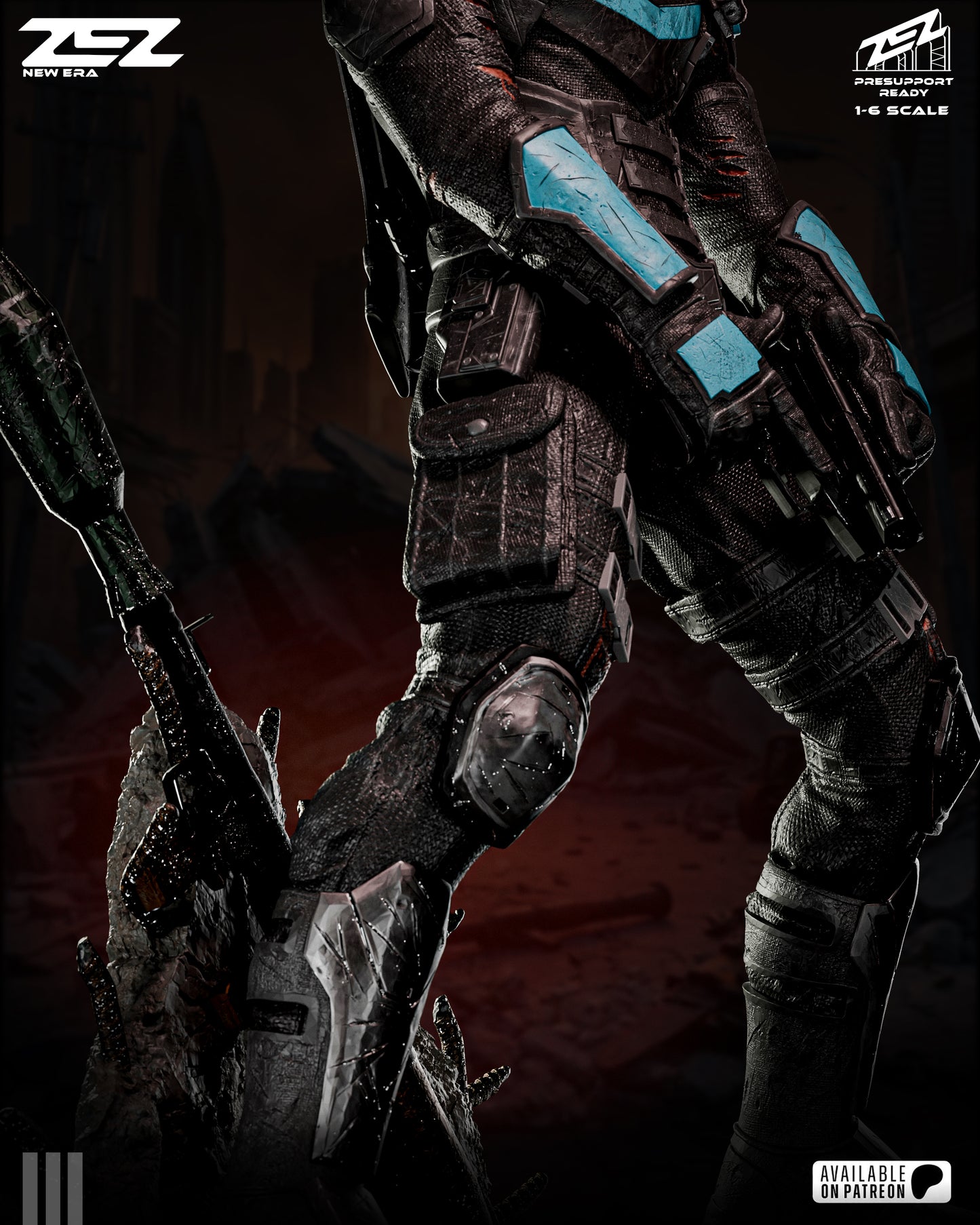 Close-up of a detailed sci-fi suit with a dark background.