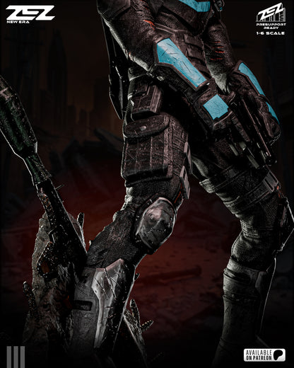 Close-up of a detailed sci-fi suit with a dark background.