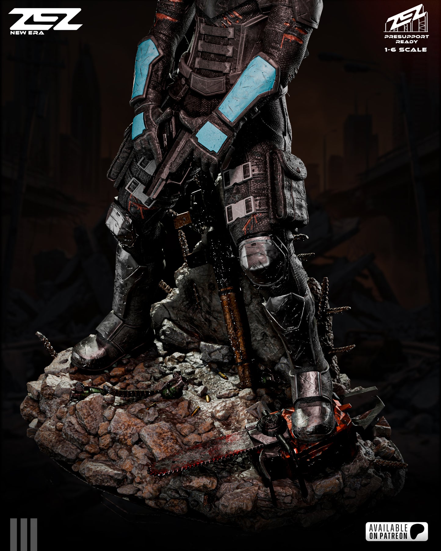 Detailed figurine of a futuristic warrior on a rocky base.