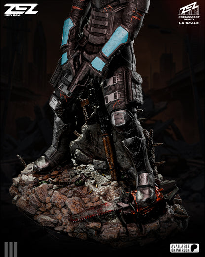Detailed figurine of a futuristic warrior on a rocky base.