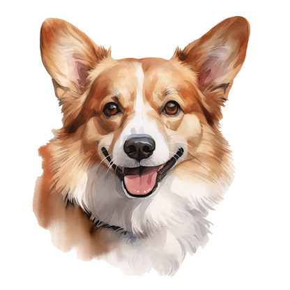 A vinyl sticker of a Welsh Corgi dog with a smiling face, depicted in a colorful, stylized illustration.